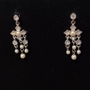 Vintage Silver-Toned Rhinestone and Faux Pearl Cross Chandelier Earrings